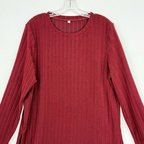 Women’s Red Ribbed Long Sleeve Tunic Top Size L Stretch Knit w/ Side Slits - Picture 3 of 16